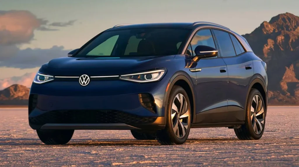 Electric Volkswagen vehicles speeding down a city road